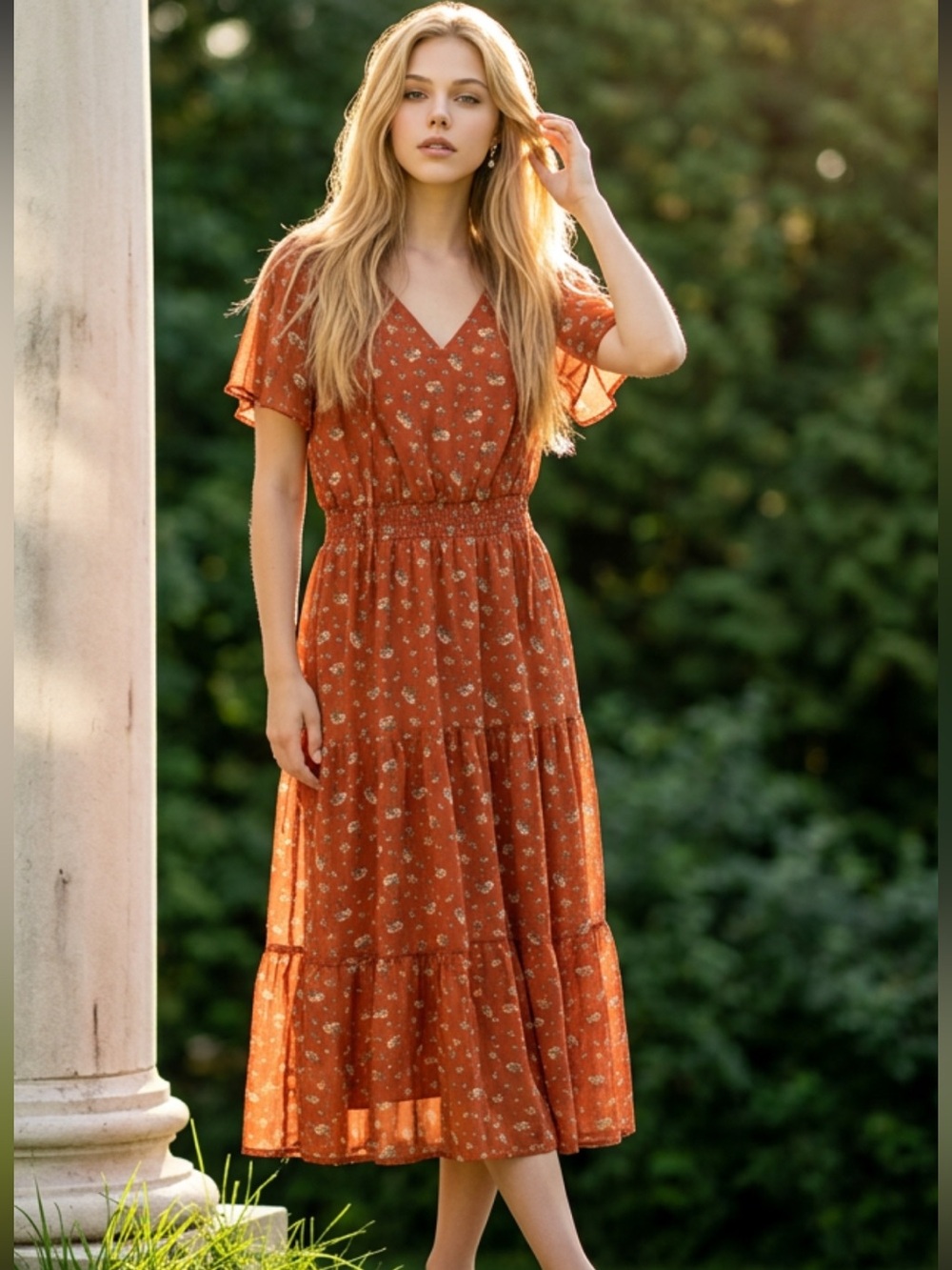 Luxology Rust Floral V-Neck Tiered Midi Dress